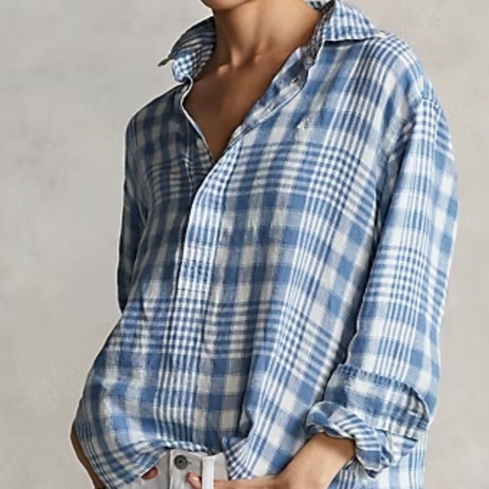 Polo Ralph Lauren Linen Check Pullover Shirt Wom Lg Blue Plaid LS Authenticated - Picture 3 of 11